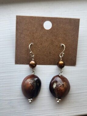 Genuine Brown Abalone Pearl Drop Earrings, Sterling Silver, New